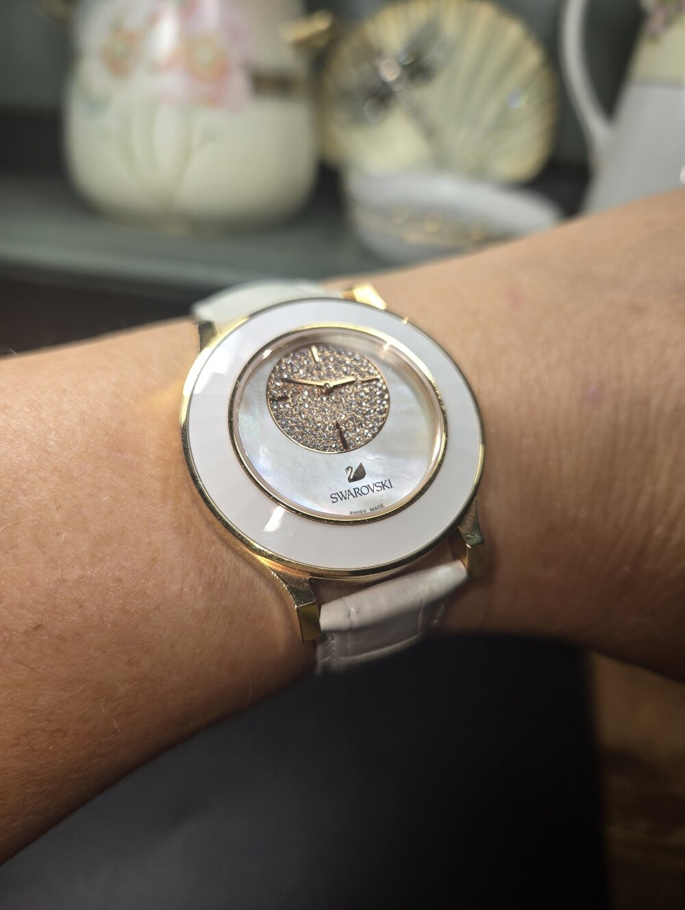 Swarovski Octea Classica White Leather Strap Watch with Crystal Dial